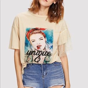 Figure Patched Tiered Mesh Pear Beaded Tee